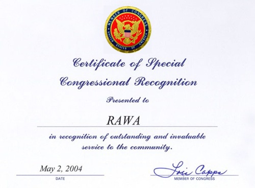 Certificate of Special Congressional Recognition from the U.S. Congress to RAWA