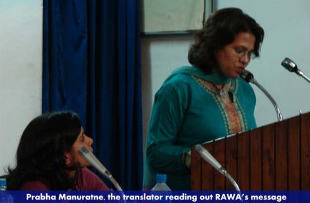Prabha Manuratne, the translator reading out RAWA's message