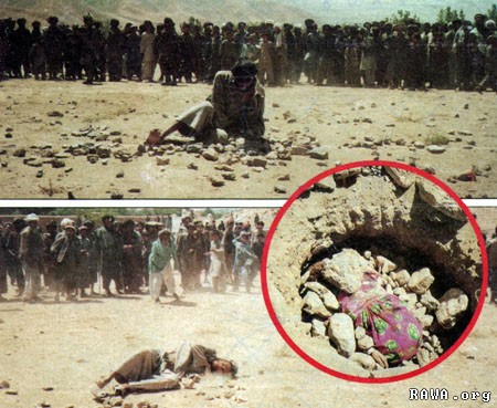 A man and a woman are being stoned to death in Mazar-e-Sharif by criminal forces of Sayyaf.