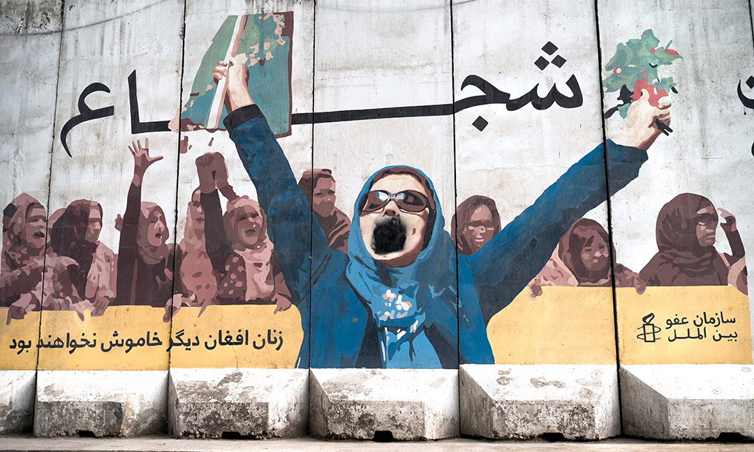 A mural in Kabul shows protesting women